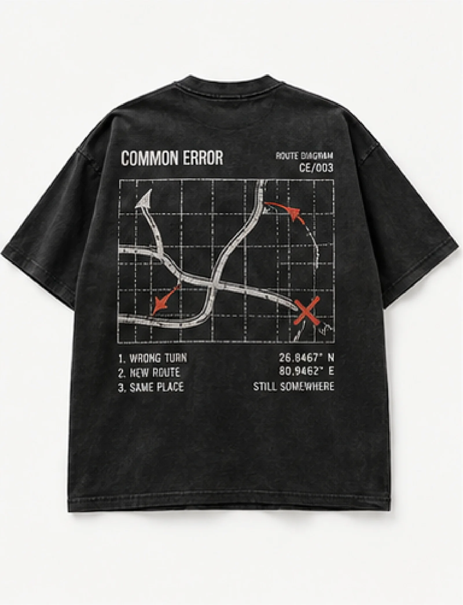 WRONG TURN TEE — back view, photographed flat